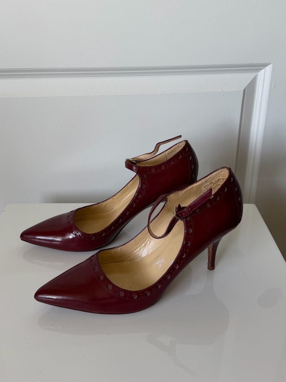 Kate Spade New York Burgundy Patent Leather Pointed Toe Mary Jane Heels